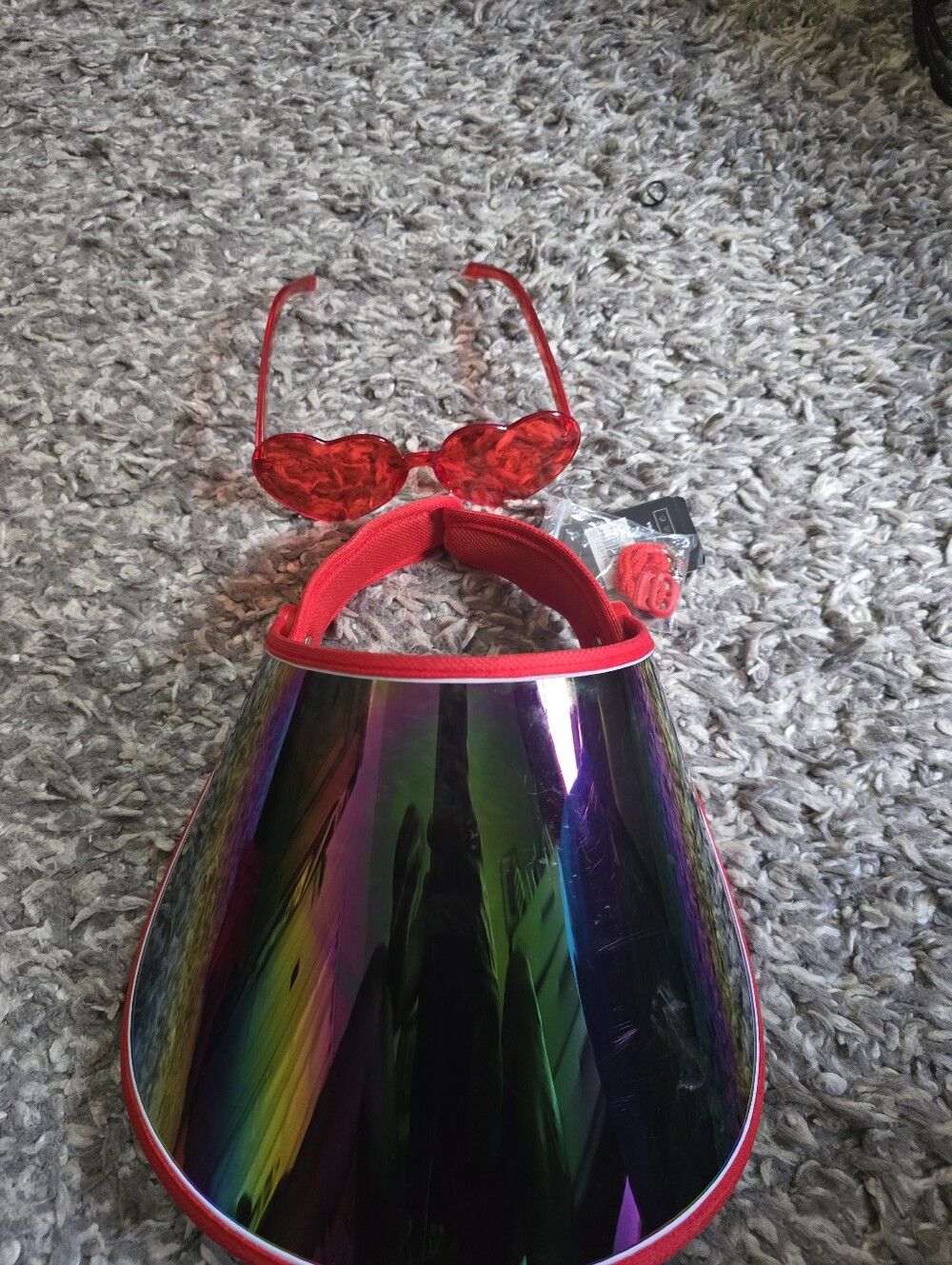 Red Heart Sunglasses & Rainbow Visor Hat Set | Festival | Beach | Y2K FashionTur